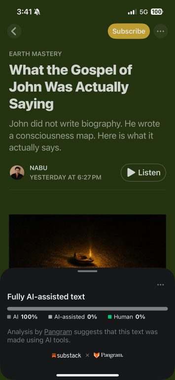 Substack's A.I. Detection tool: Pangram: Example 5. 100% AI written.