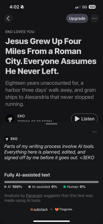 EKO Explaining he uses A.I. Flagged as 100% AI