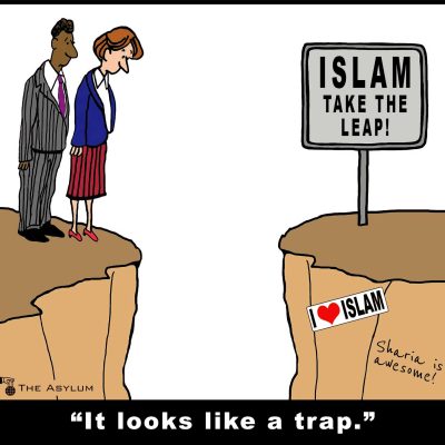 A sign say on the other side of a valley reads: Islam, Take the Leap. Two people on the other side. Captions reads: It looks like a trap.