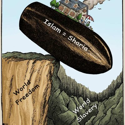 Big bomb with a family on top eating outside. Bomb says, Islam = Sharia. Underneath it says World Freedom. Where the bomb will land, World Slavery. Caption is: Oblivious.