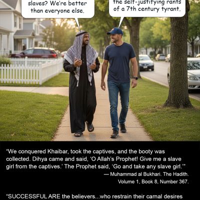 Why shouldn’t we have slaves? We’re better than everyone else. Stop basing your life on the self-justifying rants of a 7th century tyrant. “We conquered Khaibar, took the captives, and the booty was collected. Dihya came and said, ‘O Allah’s Prophet! Give me a slave girl from the captives.’ The Prophet said, ‘Go and take any slave girl.’” —Muhammad al Bukhari. The Hadith. Volume 1, Book 8, Number 367. “SUCCESSFUL ARE the believers...who restrain their carnal desires (except with their wives and slave-girls, for with them they are blameless: transgressors are those who lust after other than these)...” — Koran 23:1-7
