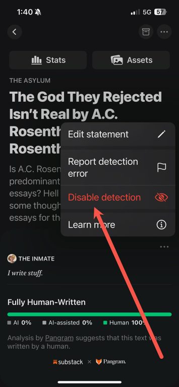 The setting in Substack where you can disable AI detection on your own post.