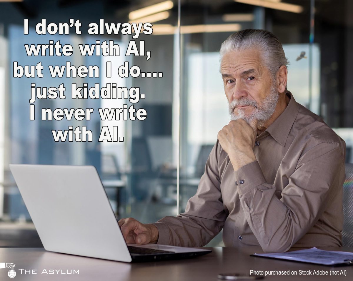 Portrait of an older gray-haired writer working on a laptop and looking seriously at the camera. He says, I don't always write with AI, but when I do...just kidding. I never write with AI.