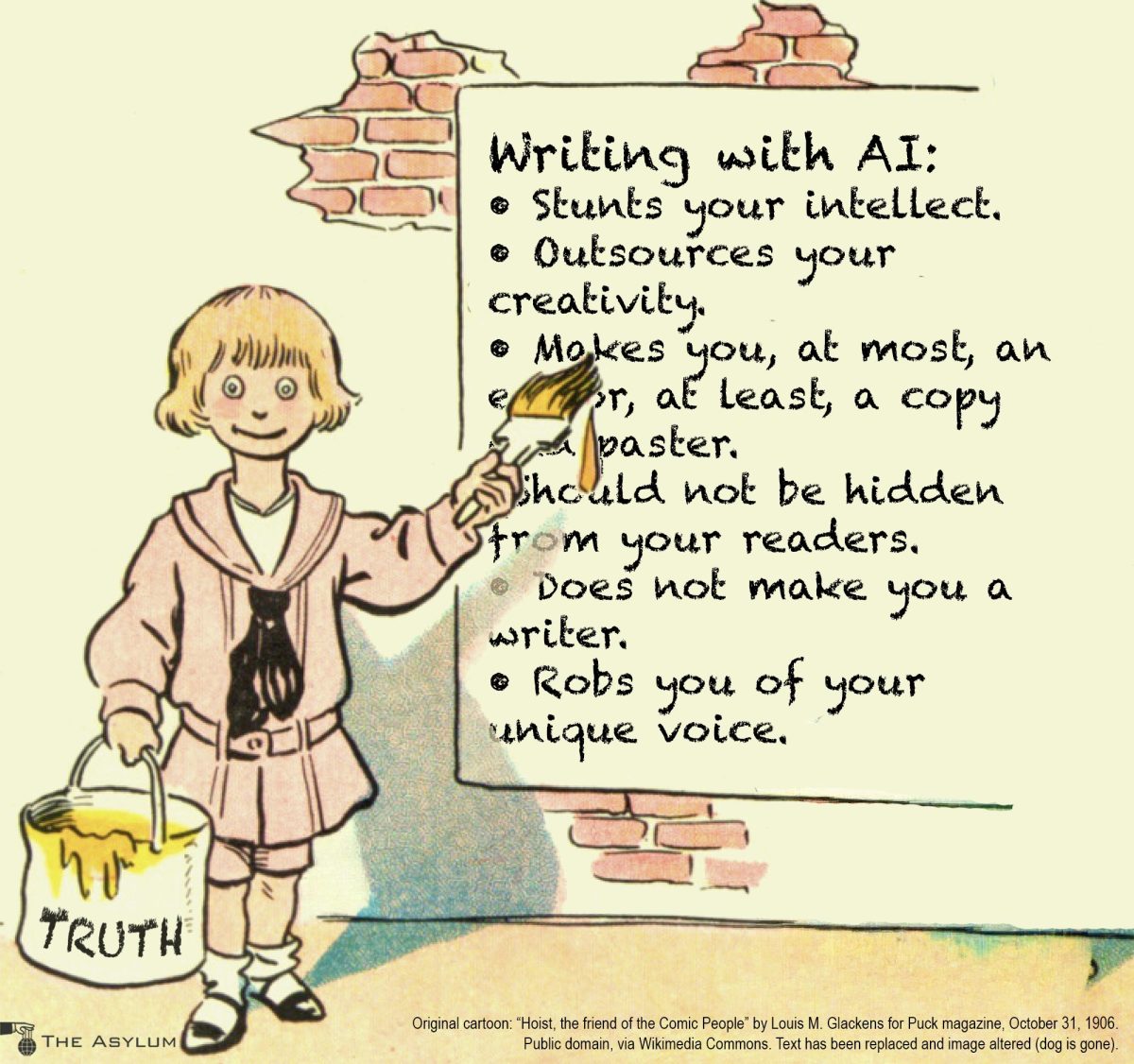Writing with AI: • Stunts your intellect. • Outsources your creativity. • Makes you, at most, an editor, at least, a copy and paster. •Should not be hidden from your readers. • Does not make you a writer. • Robs you of your unique voice. TRUTH.